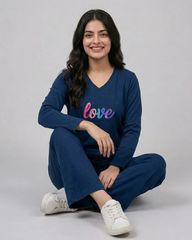 Women V-Neck Lounge Wear | Multi Love - Navy Blue