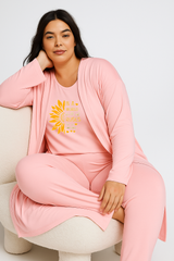 Women’s 3 Piece Nightwear Lounge Set with Sun Roses Print | Plus Size Loungewear