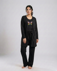 Women 3 Pieces Night Suit - Rainbow Butterfly | Black