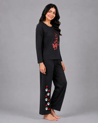 Women Round-Neck Lounge Wear | Red Butterfly - Black