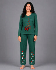 Women Round-Neck Lounge Wear | Red Butterfly - Sherwood Green