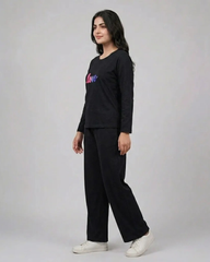 Women Round-Neck Lounge Wear | Multi Love - Black