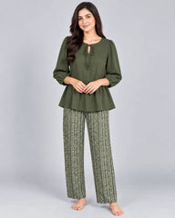 Tie Neck Peplum Co-Ord Set - Olive Green