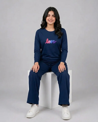 Women Round-Neck Lounge Wear | Multi Love - Navy Blue