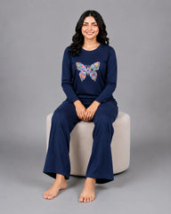 Women Round-Neck Lounge Wear | Colored Butterfly - Navy Blue