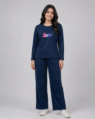 Women Round-Neck Lounge Wear | Multi Love - Navy Blue
