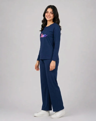Women Round-Neck Lounge Wear | Multi Love - Navy Blue