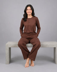 Women Button Style 2 Piece Lounge Wear - Chocolate Brown