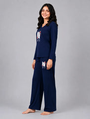 Women V-Neck Lounge Wear | BTS Flower - Navy Blue