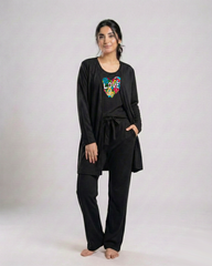 Women 3 Pieces Night Suit - Love Color | Black