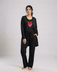Women 3 Pieces Night Suit - Girl Power | Black
