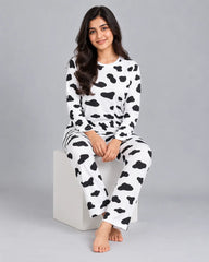 White Cow Print Fleece Casual Wear Set