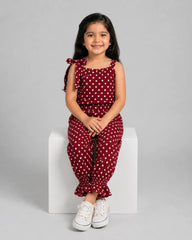 Girls Maroon Polka Dot Sleeveless Jumpsuit