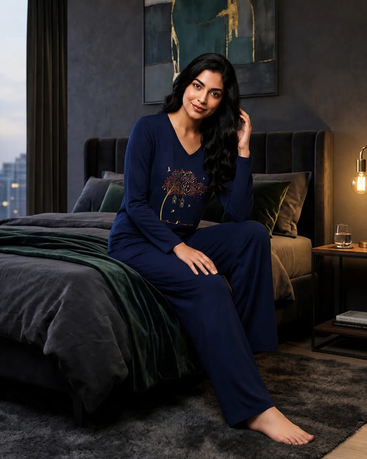 Women V-Neck Lounge Wear | Spring Tree - Navy Blue