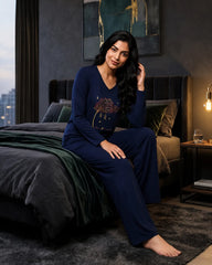 Women V-Neck Lounge Wear | Spring Tree - Navy Blue