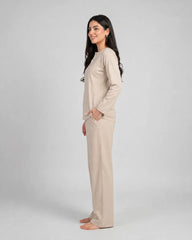 Women Button Style 2 Piece Lounge Wear - Beige
