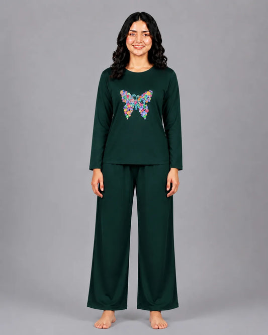 Women Round-Neck Lounge Wear | Colored Butterfly - Sherwood Green