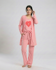 Women 3 Pieces Night Suit - Geometrical | Baby Pink