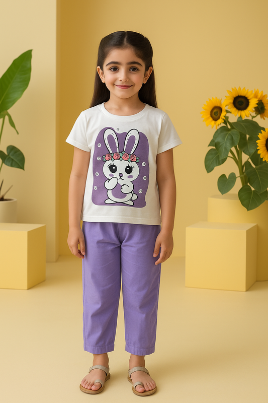 Bunny Blossom Tee & Lilac Pants Set – Girls Summer Outfit