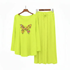 Women Round-Neck Lounge Wear | Colored Butterfly - Lemon Yellow