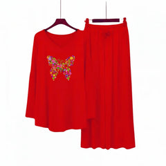 Women V-Neck Lounge Wear | Colored Butterfly - Red