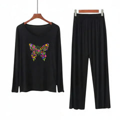 Women V-Neck Lounge Wear | Colored Butterfly - Black