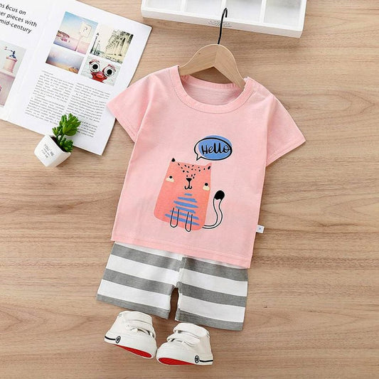 Hello Cat T-Shirt & Striped Shorts Set for Toddlers