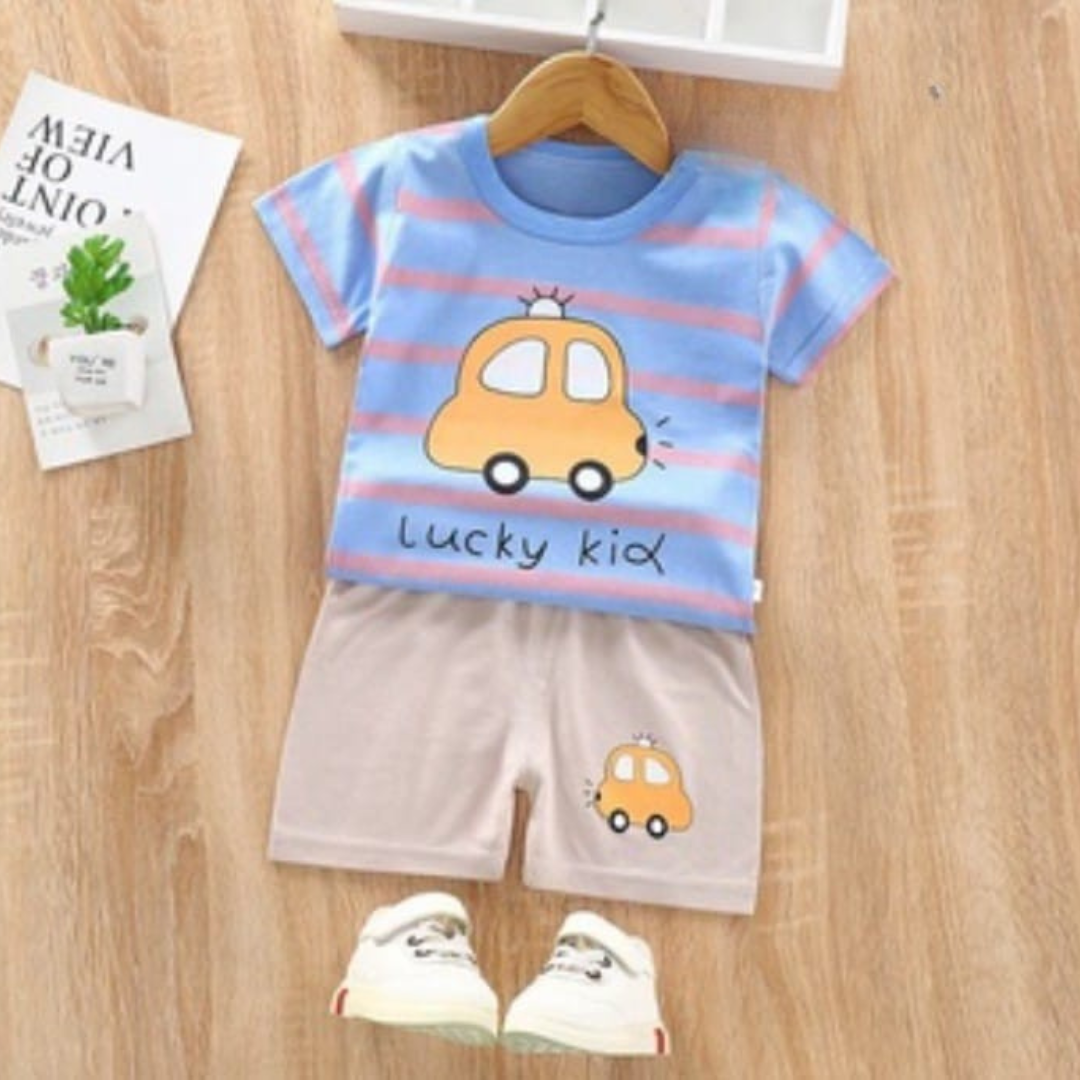 Lucky Kid" Cartoon Car T-Shirt & Shorts Set for Toddlers