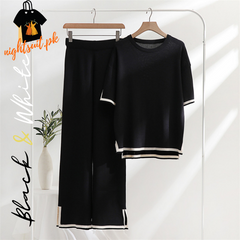 Black & White Slit Short Sleeve T-shirts and High Waist Wide Leg Pants