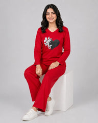 Women V Neck Lounge Wear | Black Heart - Red