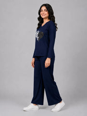 Women V Neck Lounge Wear | Black Heart - Navy Blue