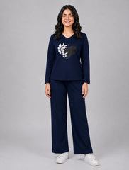 Women V Neck Lounge Wear | Black Heart - Navy Blue