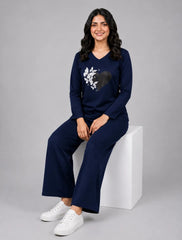 Women V Neck Lounge Wear | Black Heart - Navy Blue