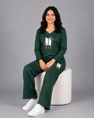 Women V-Neck Lounge Wear | BTS Flower - Sherwood Green