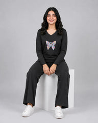 Women V Neck Lounge Wear | Colored Butterfly - Black