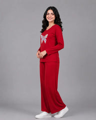 Women V-Neck Lounge Wear | Colored Butterfly - Red
