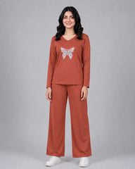Women V-Neck Lounge Wear | Colored Butterfly - Rusty
