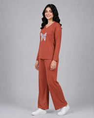 Women V-Neck Lounge Wear | Colored Butterfly - Rusty