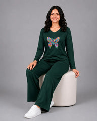 Women V-Neck Lounge Wear | Colored Butterfly - Sherwood Green