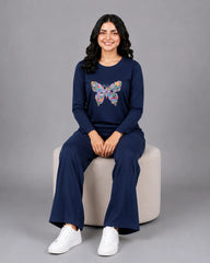 Women Round-Neck Lounge Wear | Colored Butterfly - Navy Blue