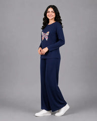 Women Round-Neck Lounge Wear | Colored Butterfly - Navy Blue