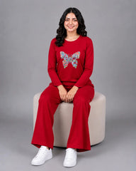 Women Round-Neck Lounge Wear | Colored Butterfly - Red