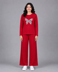 Women Round-Neck Lounge Wear | Colored Butterfly - Red