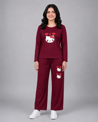Women Round-Neck Lounge Wear | Hello Kitty - Maroon