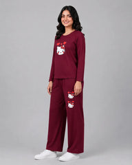Women Round-Neck Lounge Wear | Hello Kitty - Maroon