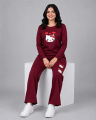 Women Round-Neck Lounge Wear | Hello Kitty - Maroon