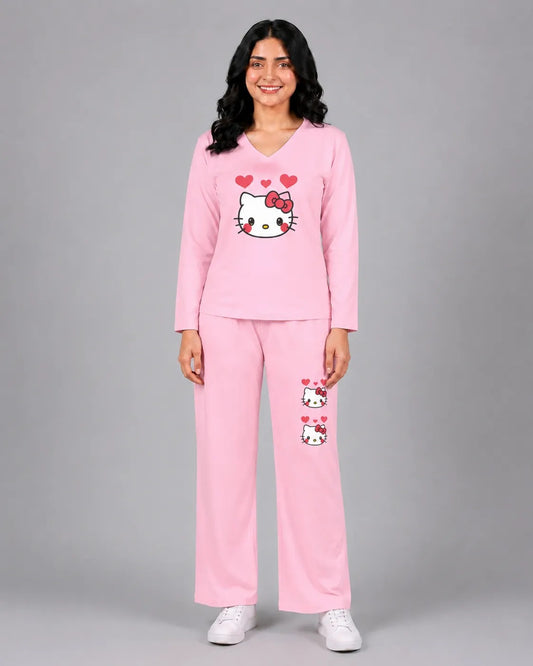 Women V-Neck Lounge Wear | Hello Kitty - Baby Pink