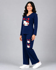 Women V-Neck Lounge Wear | Hello Kitty - Navy Blue