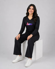 Women V-Neck Lounge Wear | Multi Love - Black