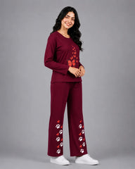 Women Round-Neck Lounge Wear | Red Butterfly - Maroon